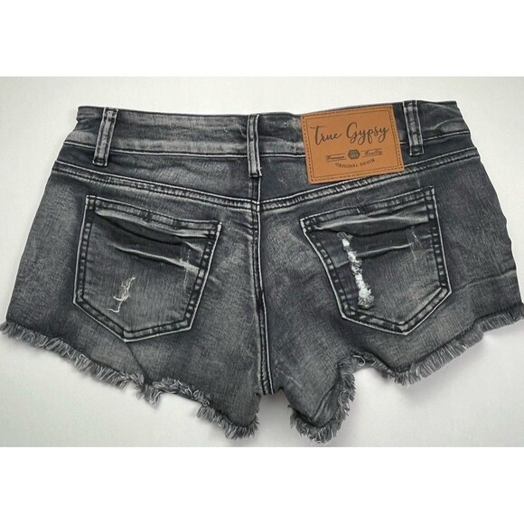 True Gypsy Jean Shorts Cut Off Distress Raw Hem Low Rise Black‎ Denim Lace Up 3 - Picture 1 of 5
